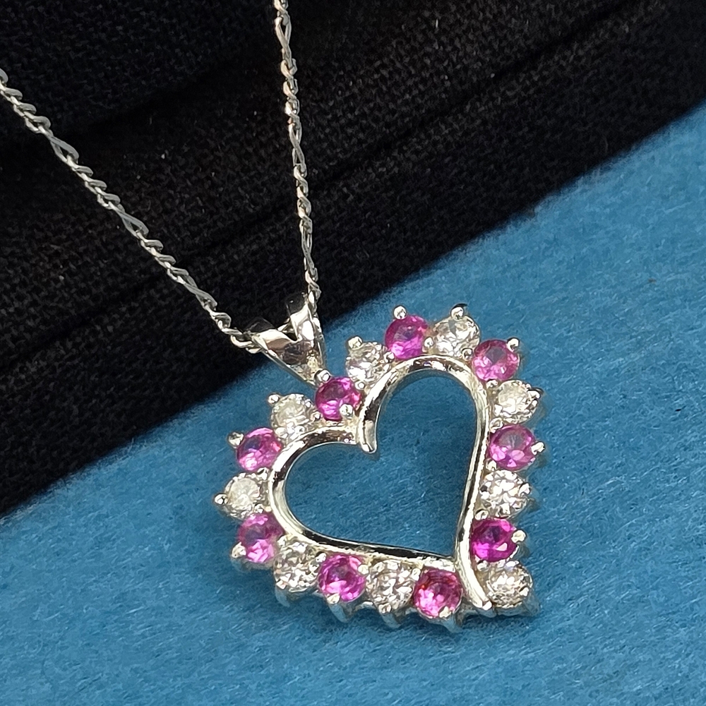 Pink Sapphire CZ Heart Necklace-Sterling Silver
